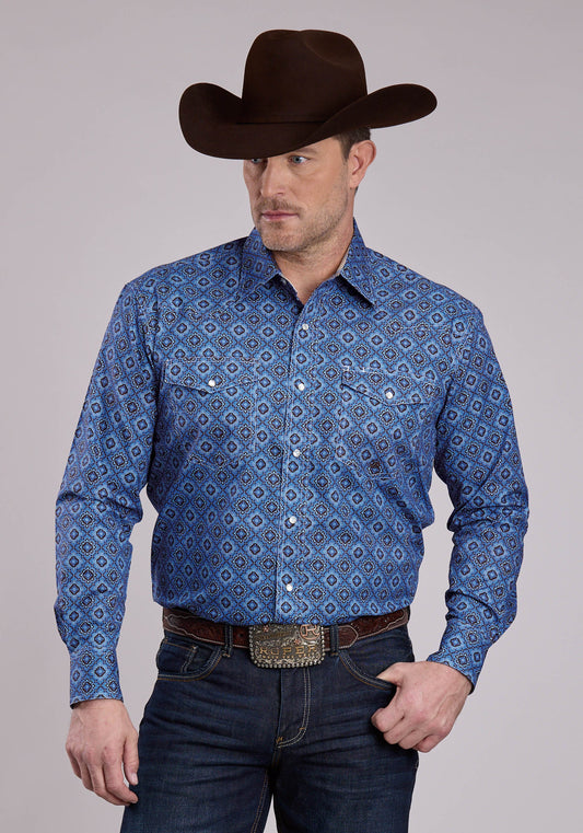 Mens Long Sleeve Snap Vintage Blue Medallion Paisley Western Shirt
