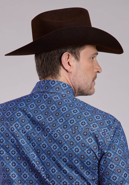 Mens Long Sleeve Snap Vintage Blue Medallion Paisley Western Shirt