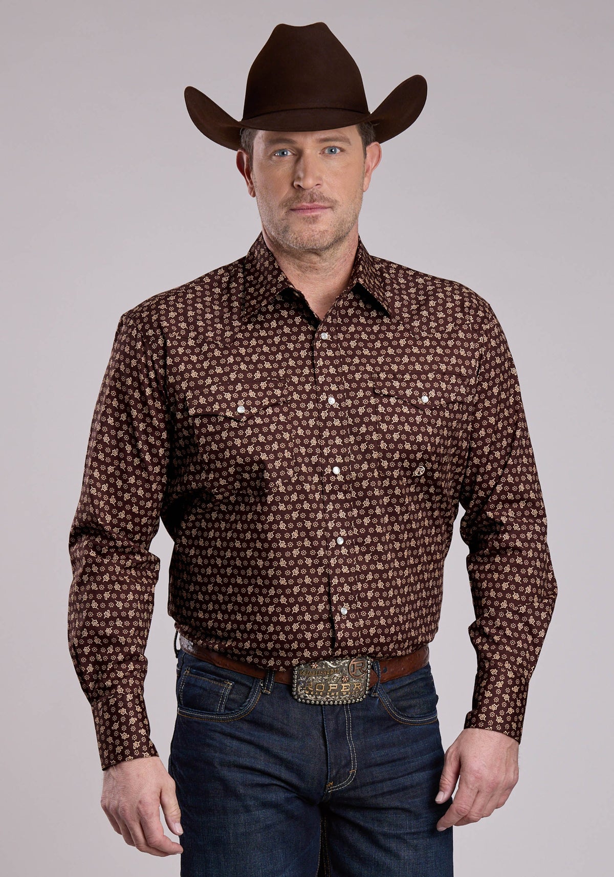 Mens Long Sleeve Snap Stretch Poplin Paisley - Brown Western Shirt