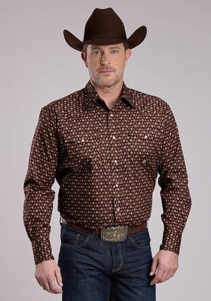 Mens Long Sleeve Snap Stretch Poplin Paisley - Brown Western Shirt