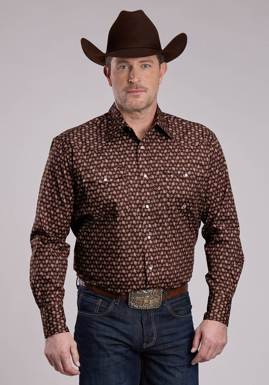 Mens Long Sleeve Snap Stretch Poplin Paisley - Brown Western Shirt