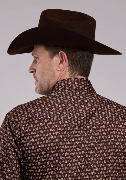 Mens Long Sleeve Snap Stretch Poplin Paisley - Brown Western Shirt