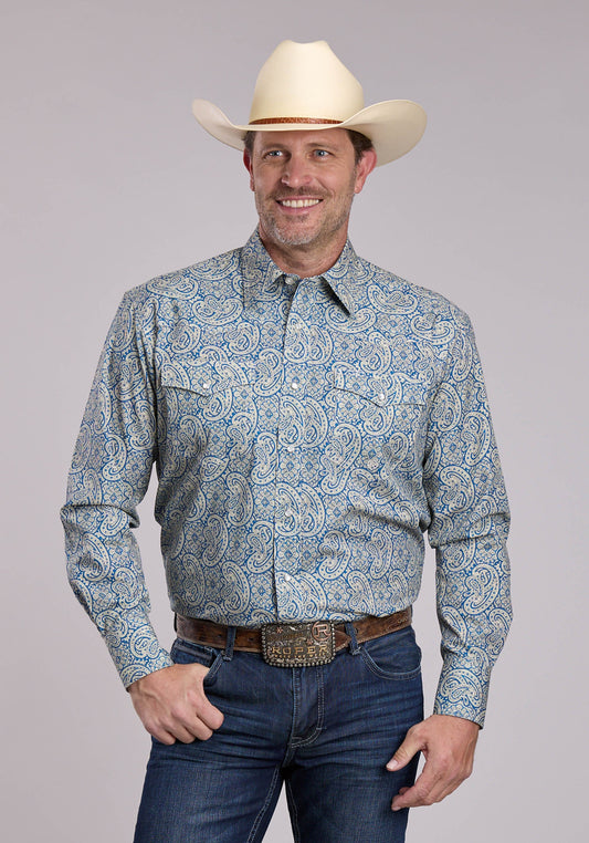 Mens Roper Blue Line Paisley Long Sleeve Snap Shirt