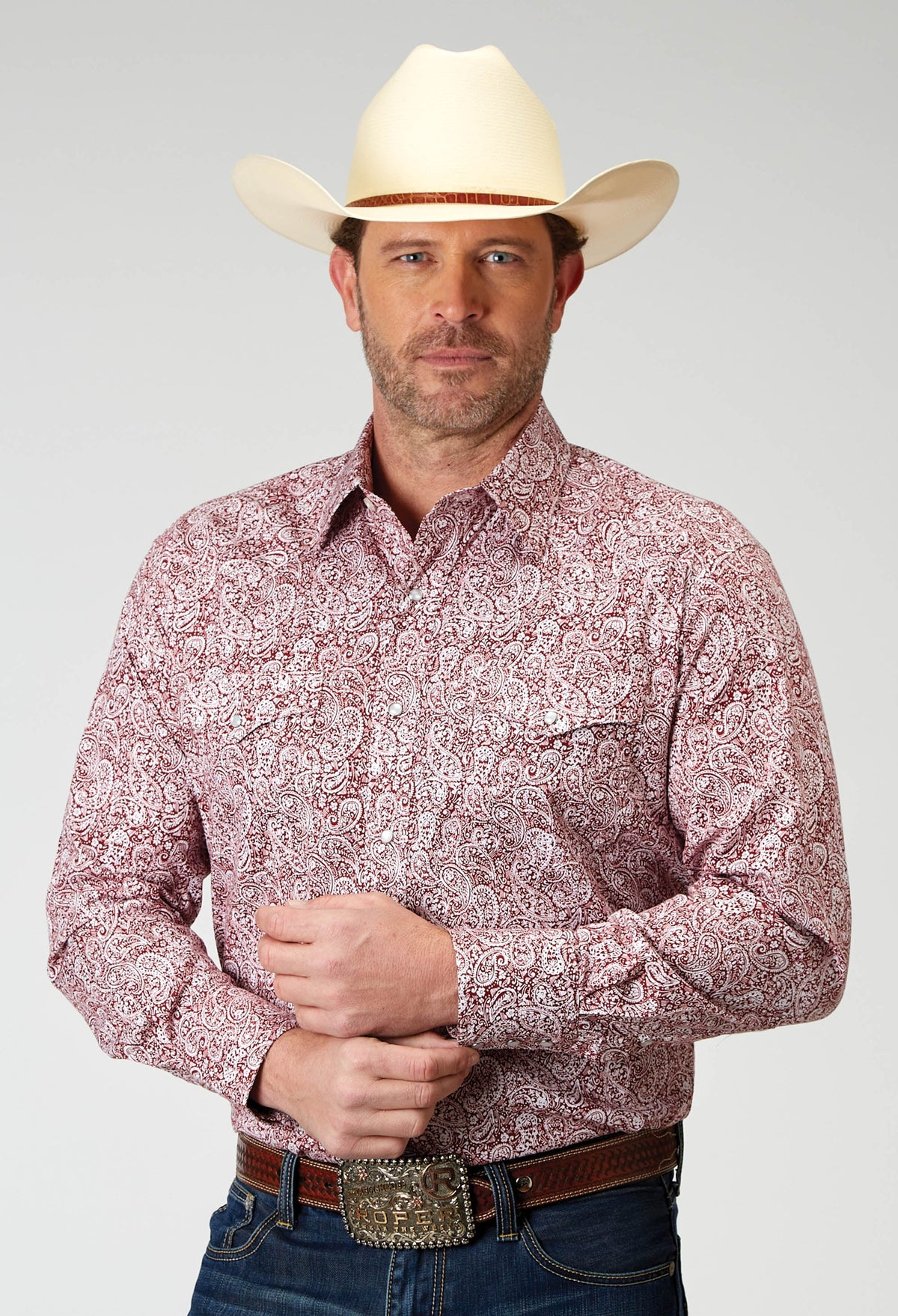 Mens Long Sleeve Snap Stretch Poplin Red Paisley Western Shirt