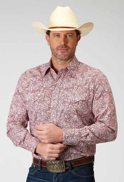 Mens Long Sleeve Snap Stretch Poplin Red Paisley Western Shirt