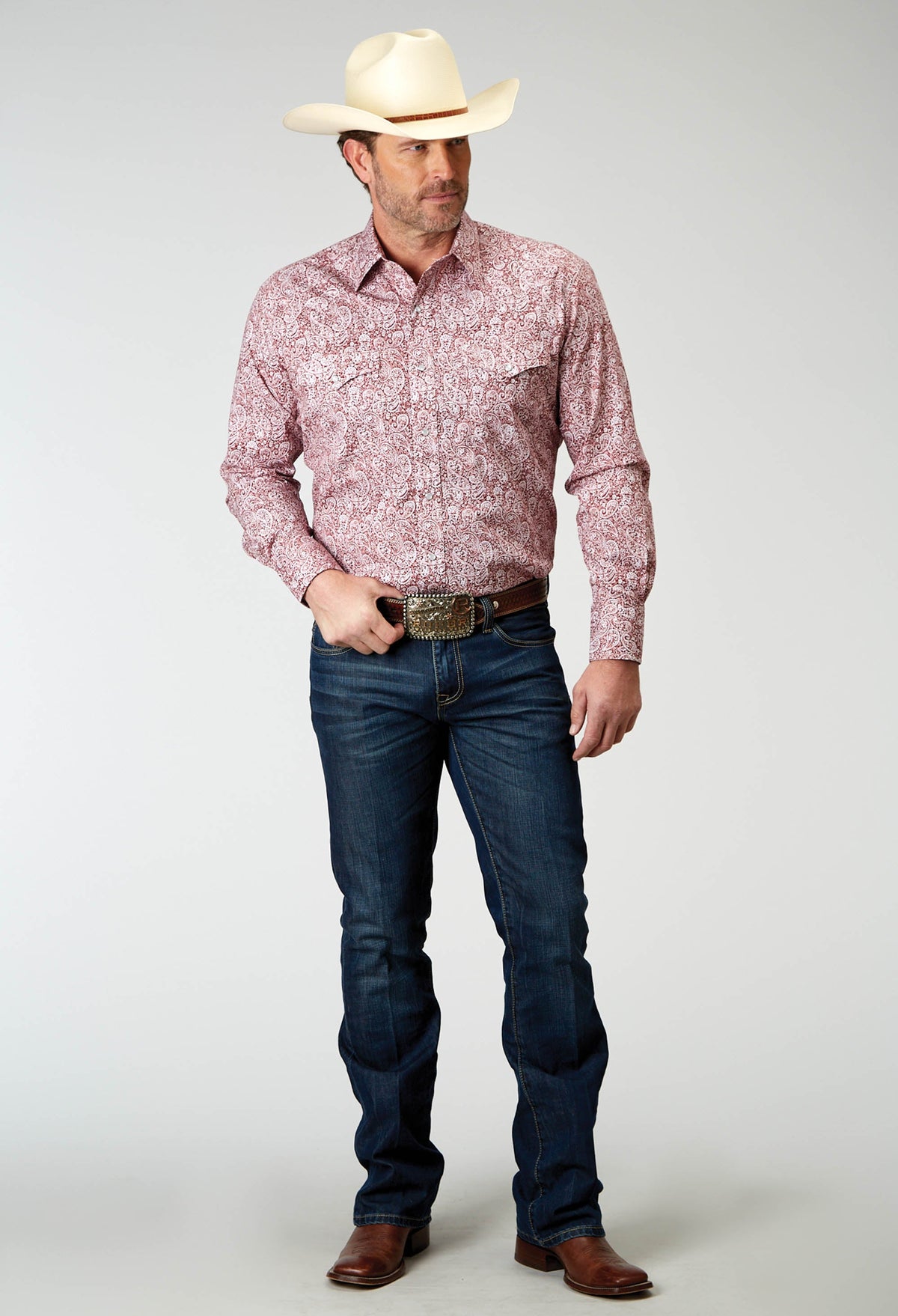 Mens Long Sleeve Snap Stretch Poplin Red Paisley Western Shirt
