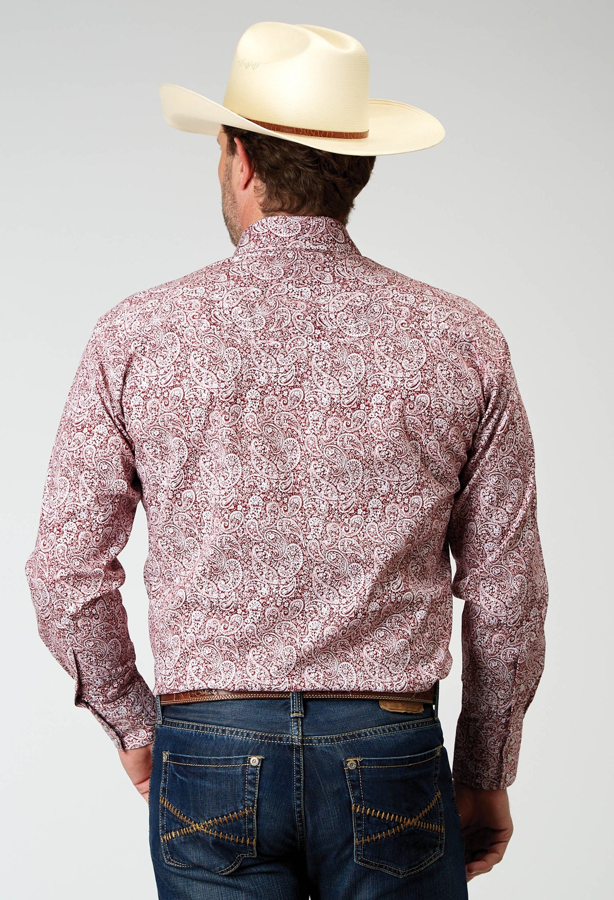 Mens Long Sleeve Snap Stretch Poplin Red Paisley Western Shirt