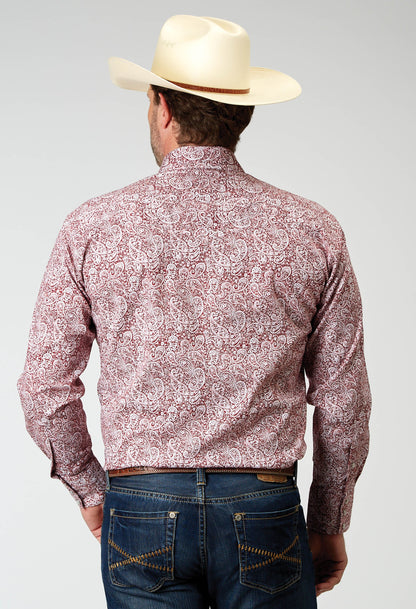 Mens Long Sleeve Snap Stretch Poplin Red Paisley Western Shirt