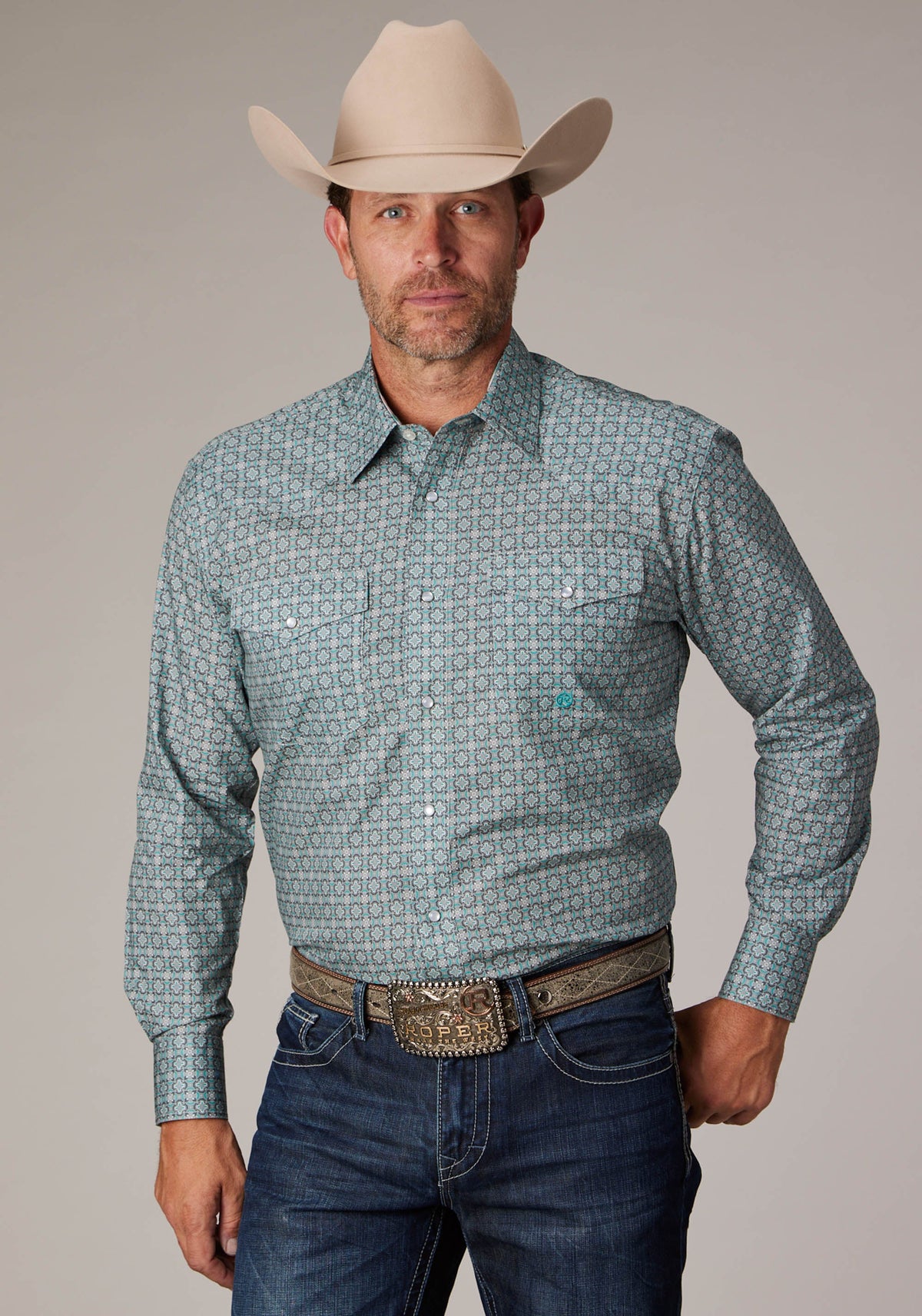 Mens Long Sleeve Snap Silver Spring Foulard Western Shirt