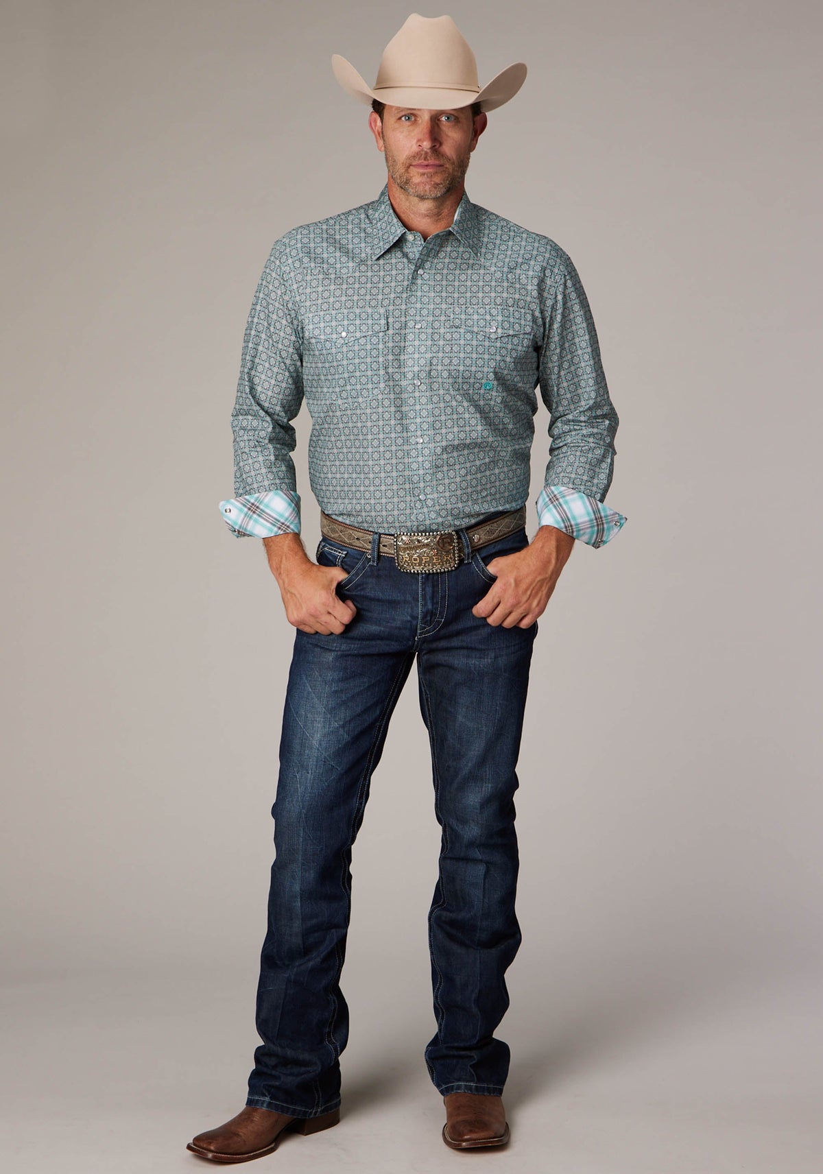 Mens Long Sleeve Snap Silver Spring Foulard Western Shirt