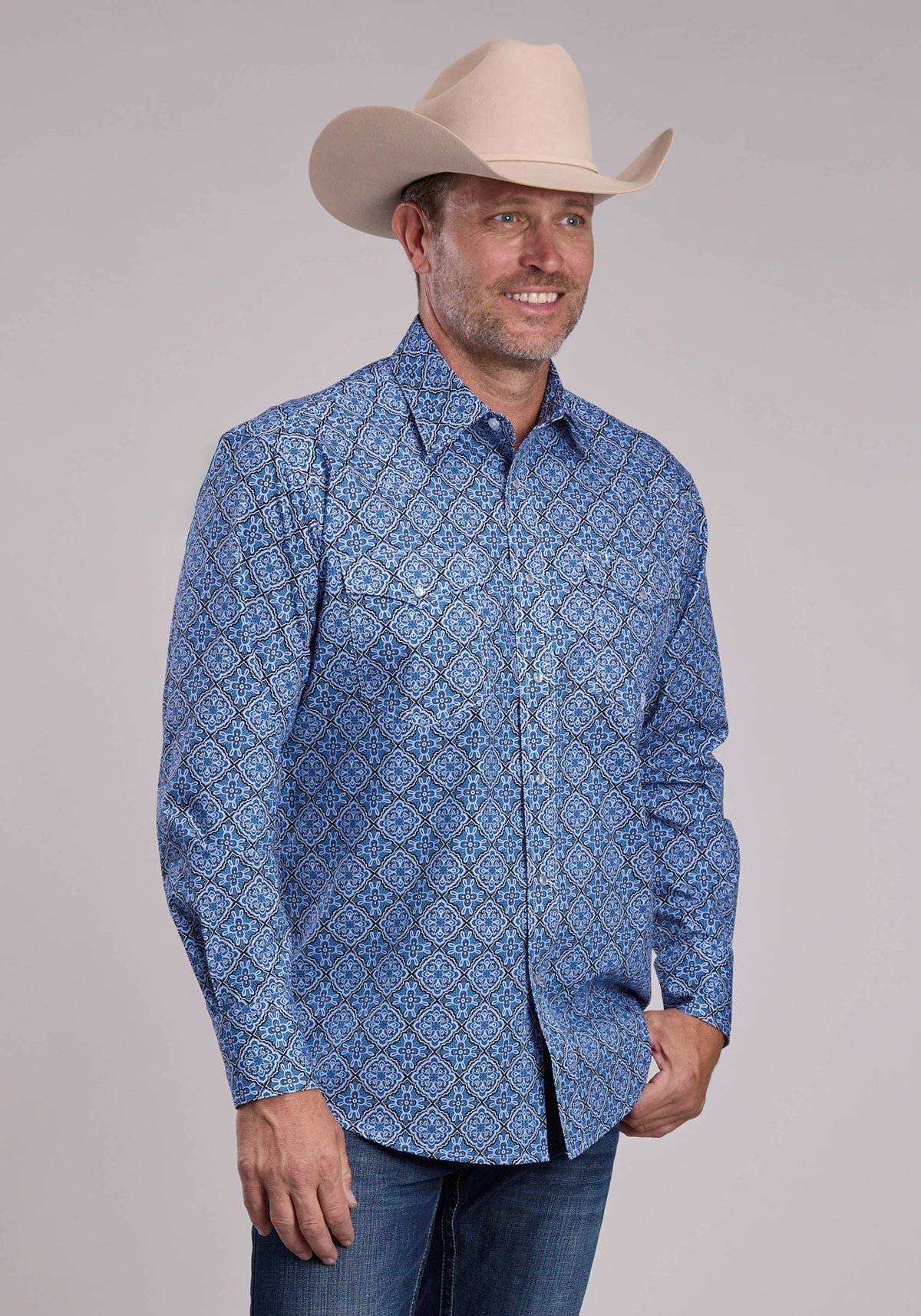 Mens Roper Sky Medallion Long Sleeve Snap Shirt
