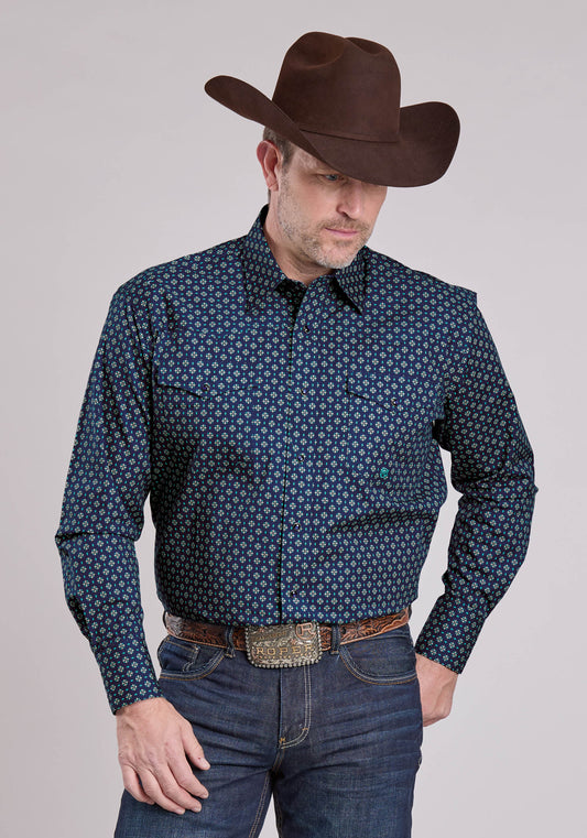 Mens Long Sleeve Snap Pinwheel Foulard Western Shirt