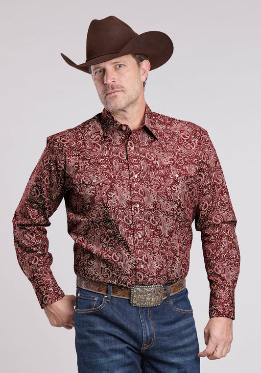 Mens Long Sleeve Snap Plume Paisley Western Shirt