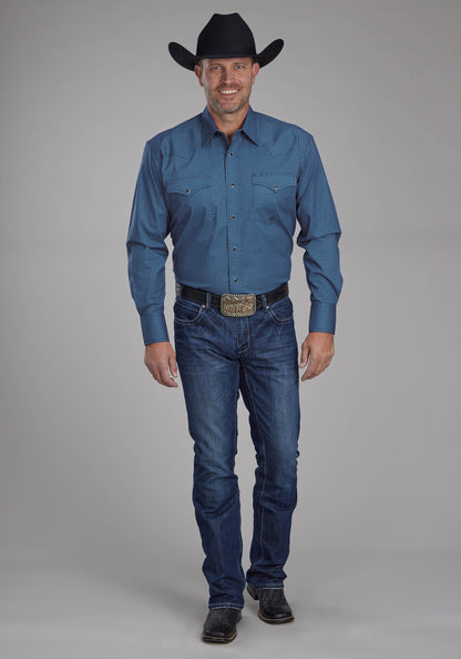 Mens Diamond Print Stretch Poplin - Blue Long Sleeve Snap Western Shirt