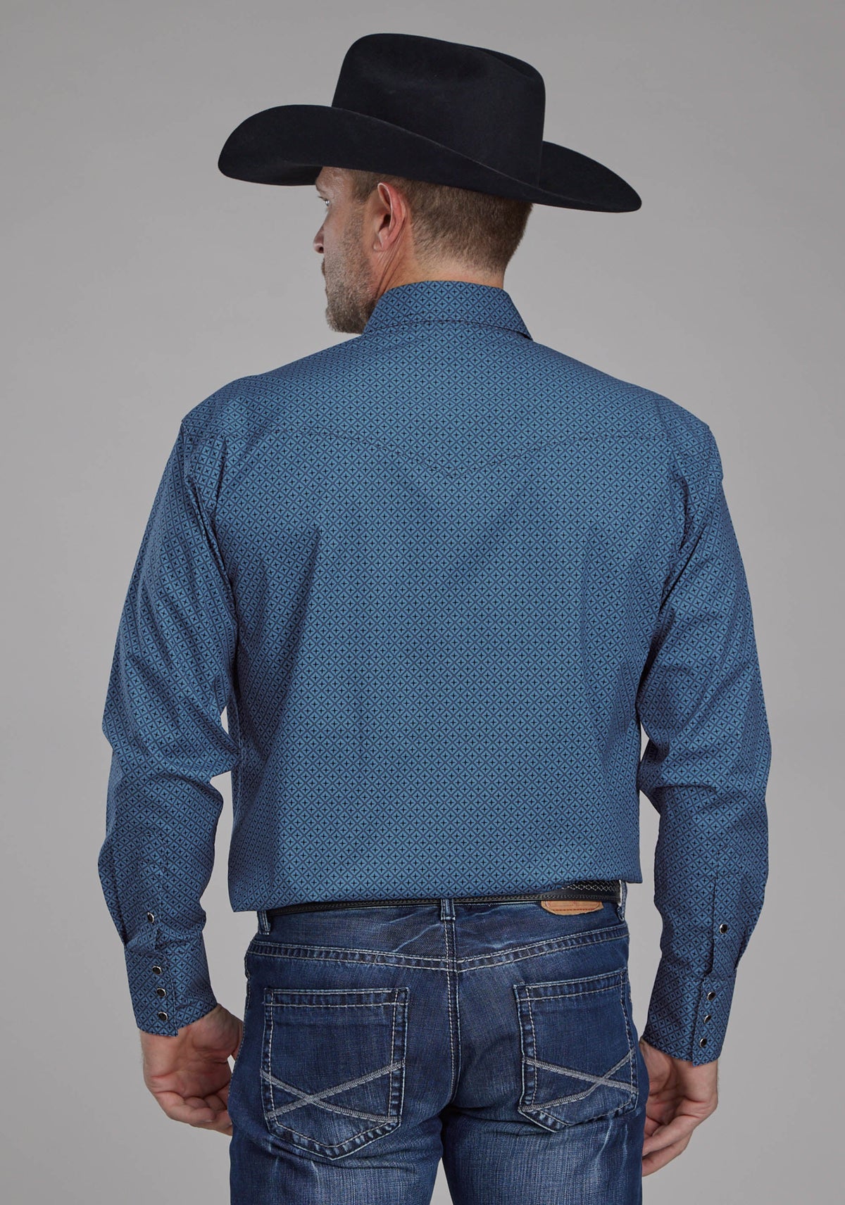 Mens Diamond Print Stretch Poplin - Blue Long Sleeve Snap Western Shirt