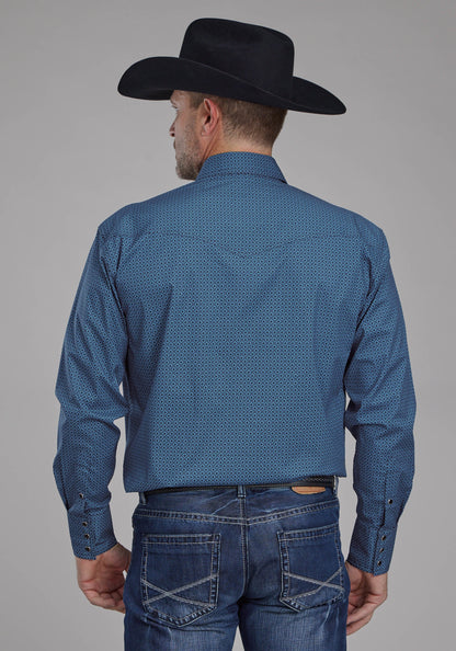 Mens Diamond Print Stretch Poplin - Blue Long Sleeve Snap Western Shirt
