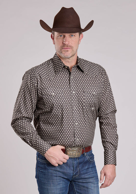Mens Long Sleeve Snap Grey Stretch Foulard Western Shirt