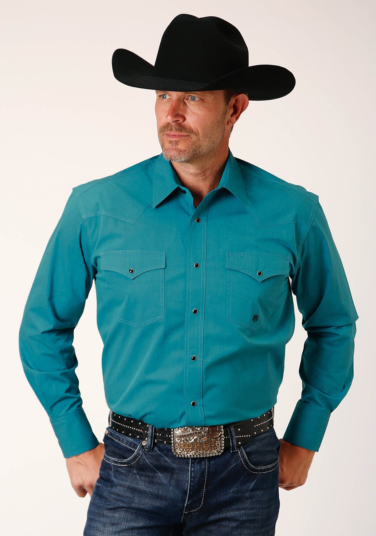 Mens Long Sleeve Snap Black Fill Solid  Teal Western Shirt