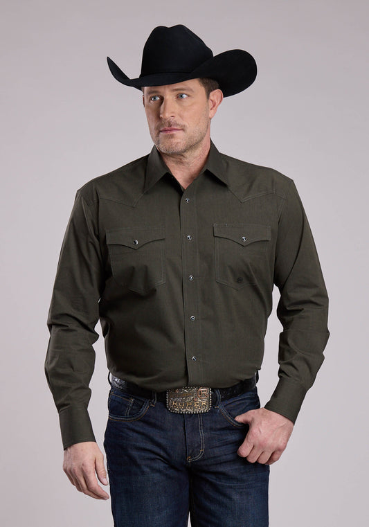 Mens Long Sleeve Snap Black Fill - Green Western Shirt
