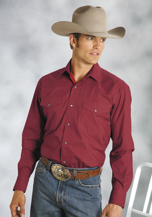 Mens Red Solid Long Sleeve Western Snap Shirt