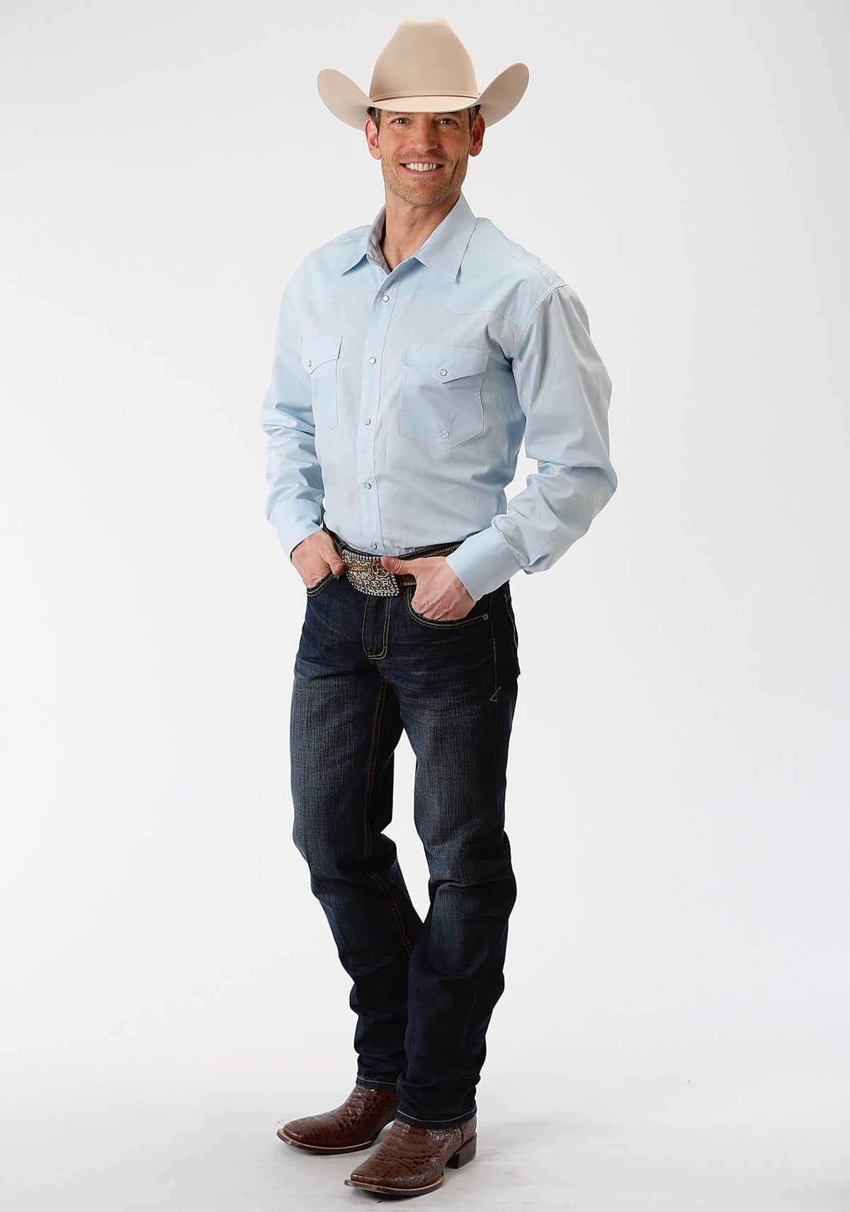 Mens Blue Solid Long Sleeve Western Snap Shirt