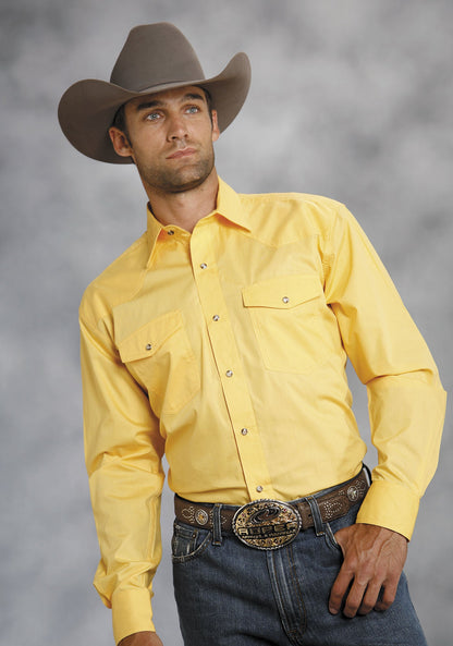 Mens Yellow Solid Long Sleeve Western Snap Shirt