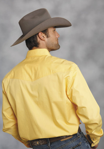 Mens Yellow Solid Long Sleeve Western Snap Shirt