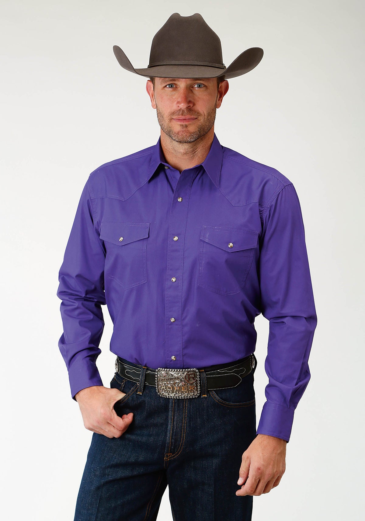 Mens Purple Solid Long Sleeve Western Snap Shirt