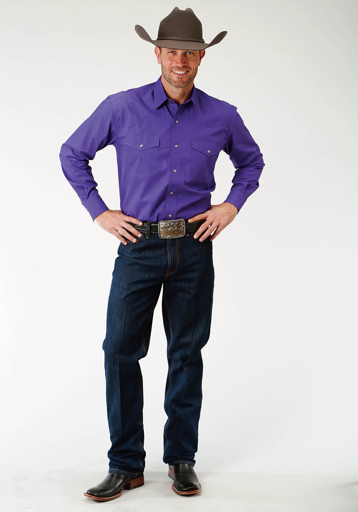Mens Purple Solid Long Sleeve Western Snap Shirt