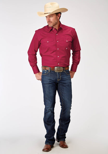 Mens Long Sleeve Snap Solid Poplin Stretch Red Western Shirt