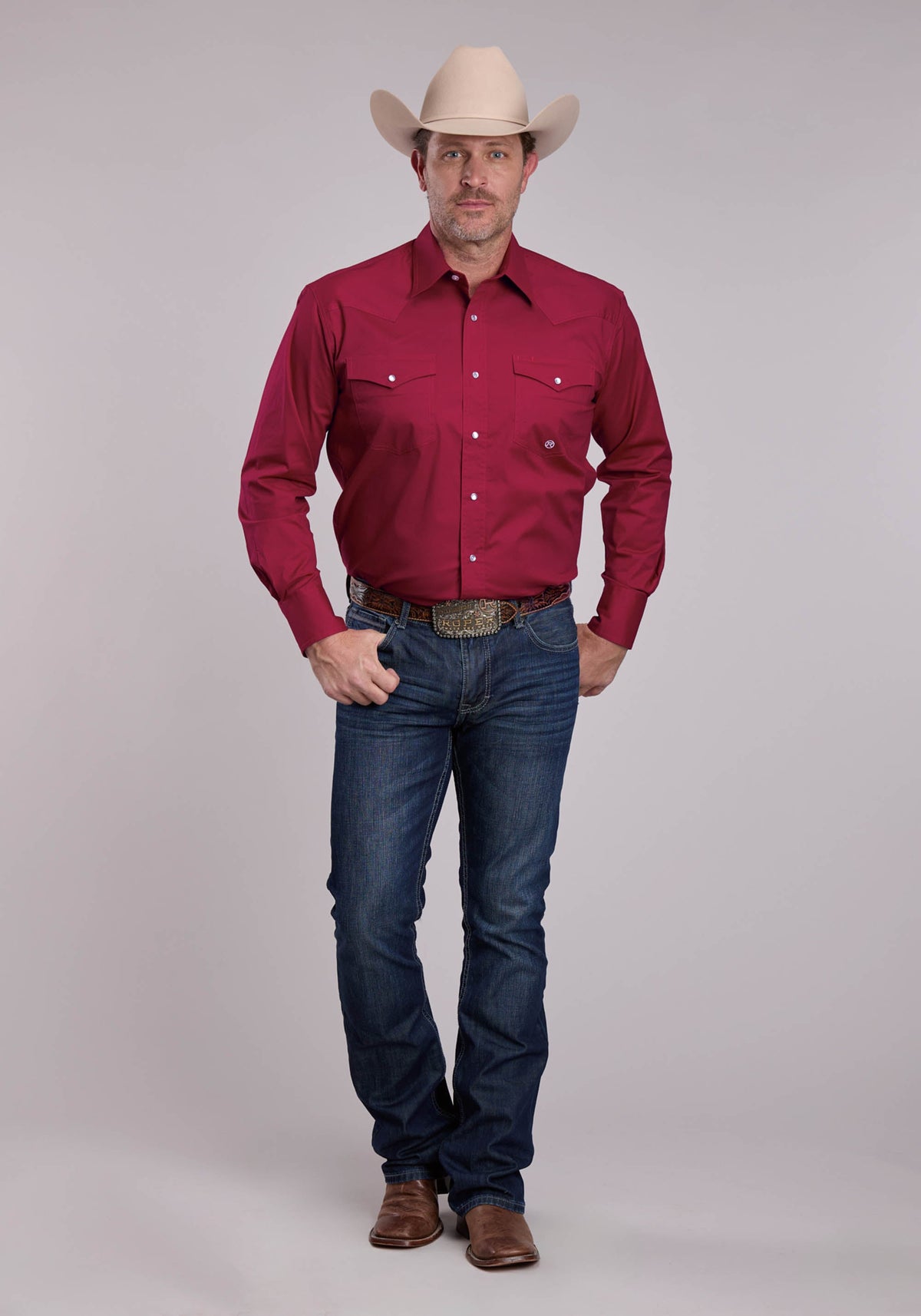 Mens Roper Solid Red Stretch Poplin Long Sleeve Snap Shirt