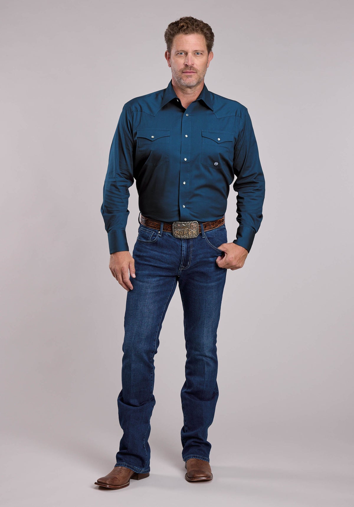 Mens Roper Solid Navy Stretch Poplin Long Sleeve Snap Shirt