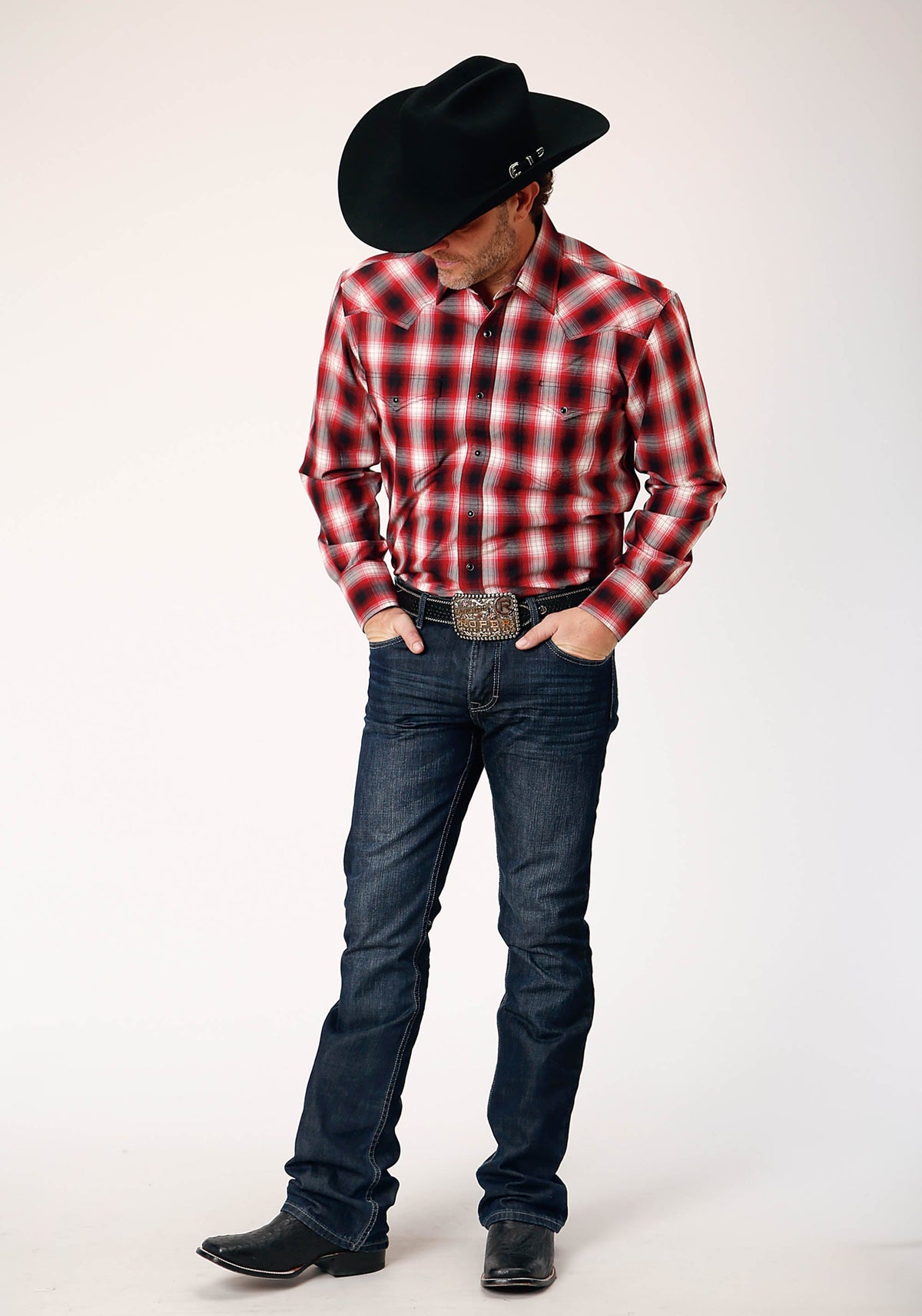Mens Long Sleeve Snap Basic Red Plaid Western Shirt