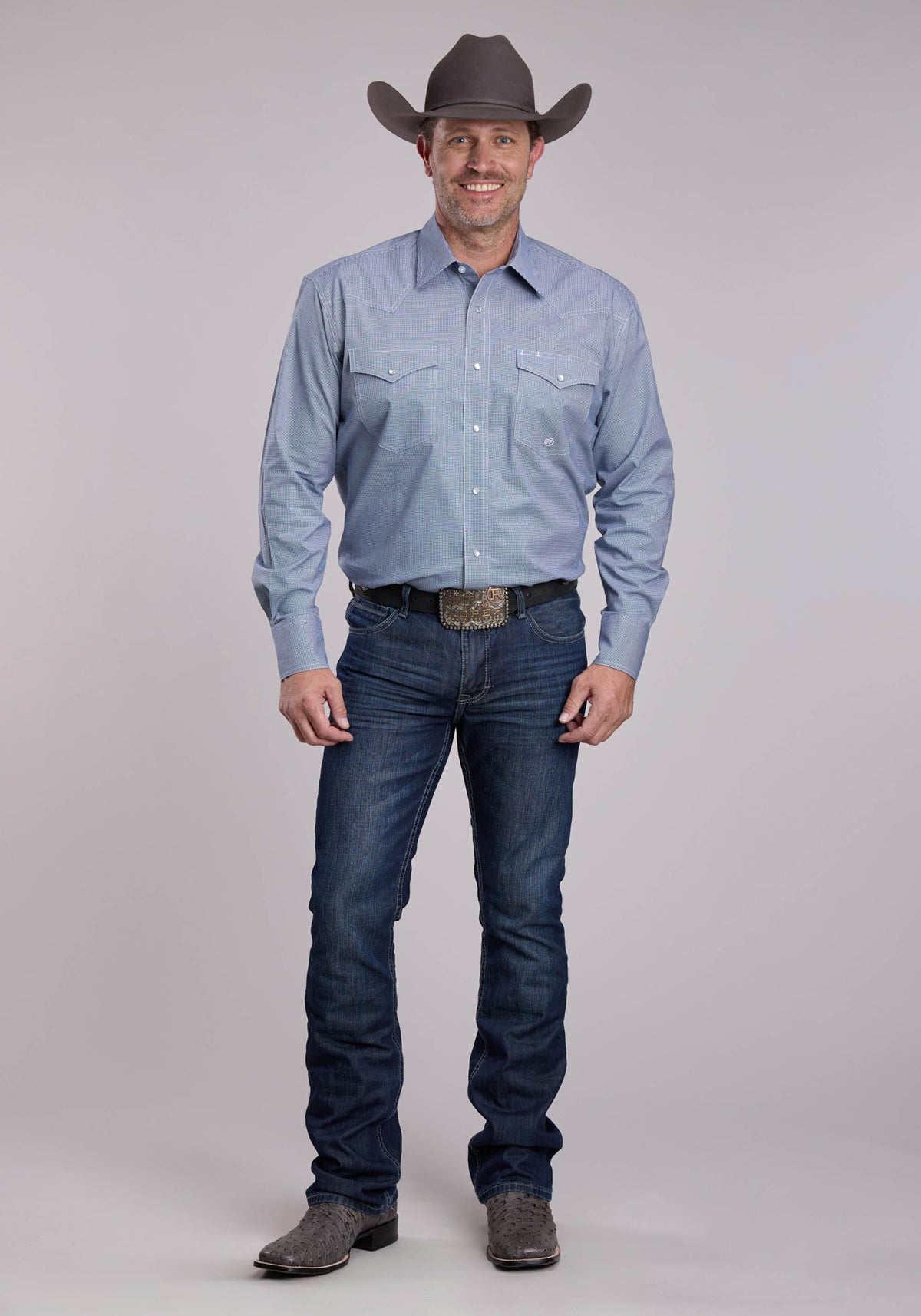 Mens Roper Navy Stretch Minicheck Long Sleeve Snap Shirt