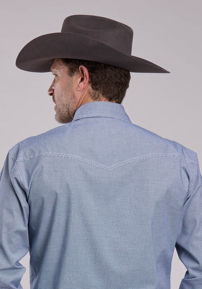 Mens Roper Navy Stretch Minicheck Long Sleeve Snap Shirt
