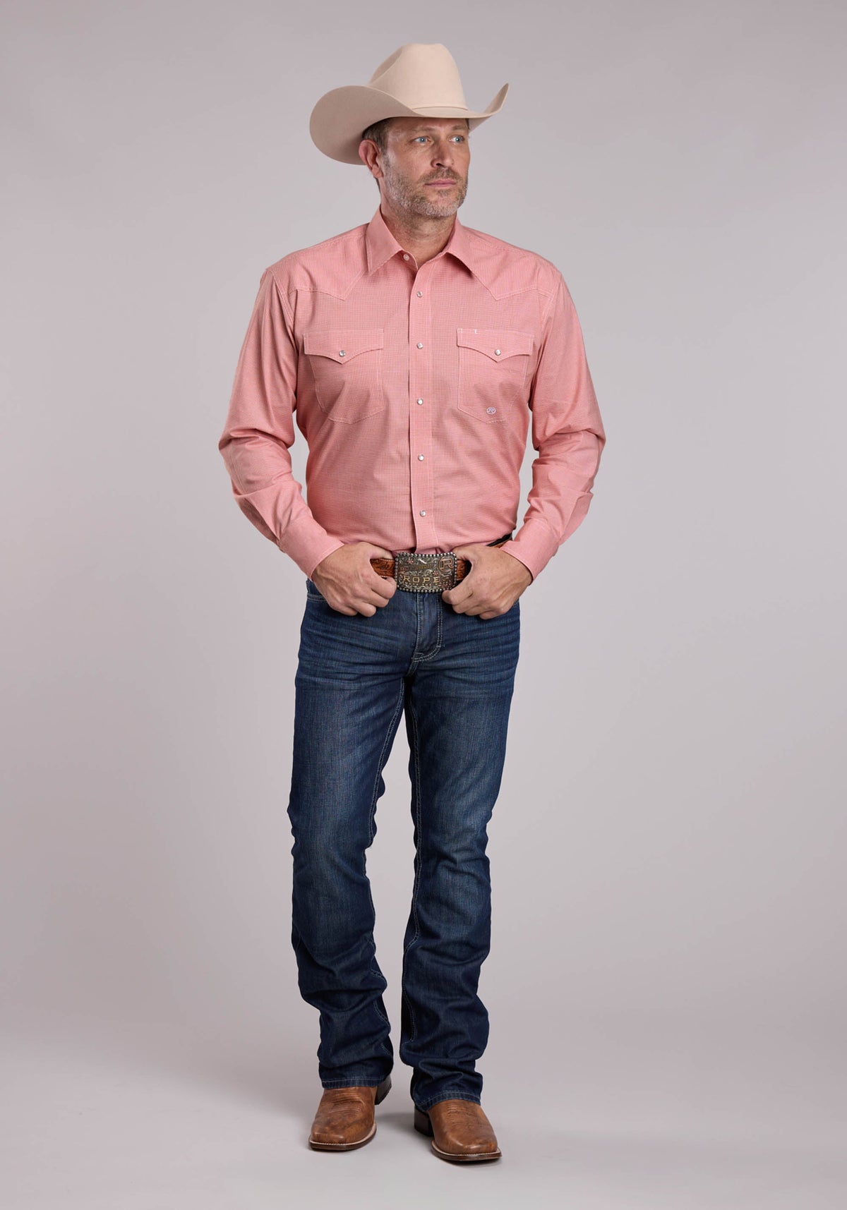 Mens Roper Coral Stretch Mini Check Long Sleeve Snap Shirt