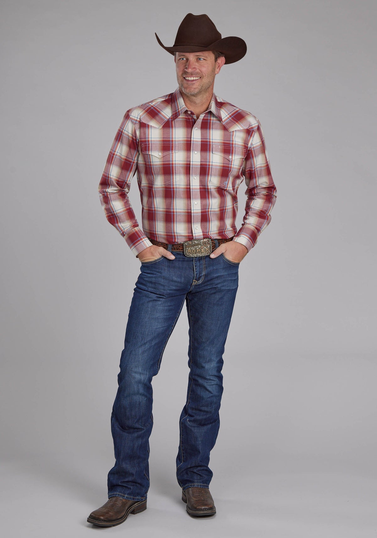 Mens '57 Chevy Plaid Long Sleeve Snap Western Shirt