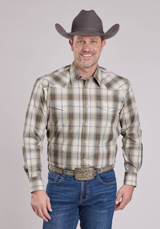 Mens Long Sleeve Snap Silver Haze Plaid Western Shirt
