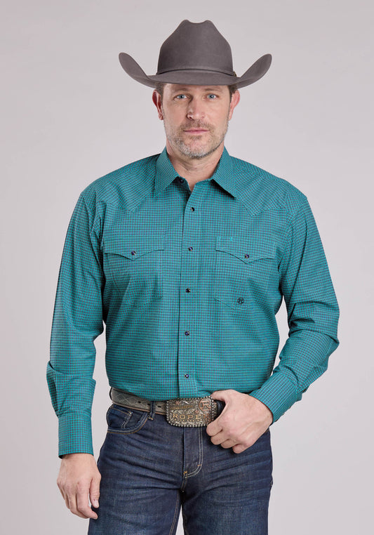 Mens Long Sleeve Snap Stretch Mini Check - Turquoise Western Shirt