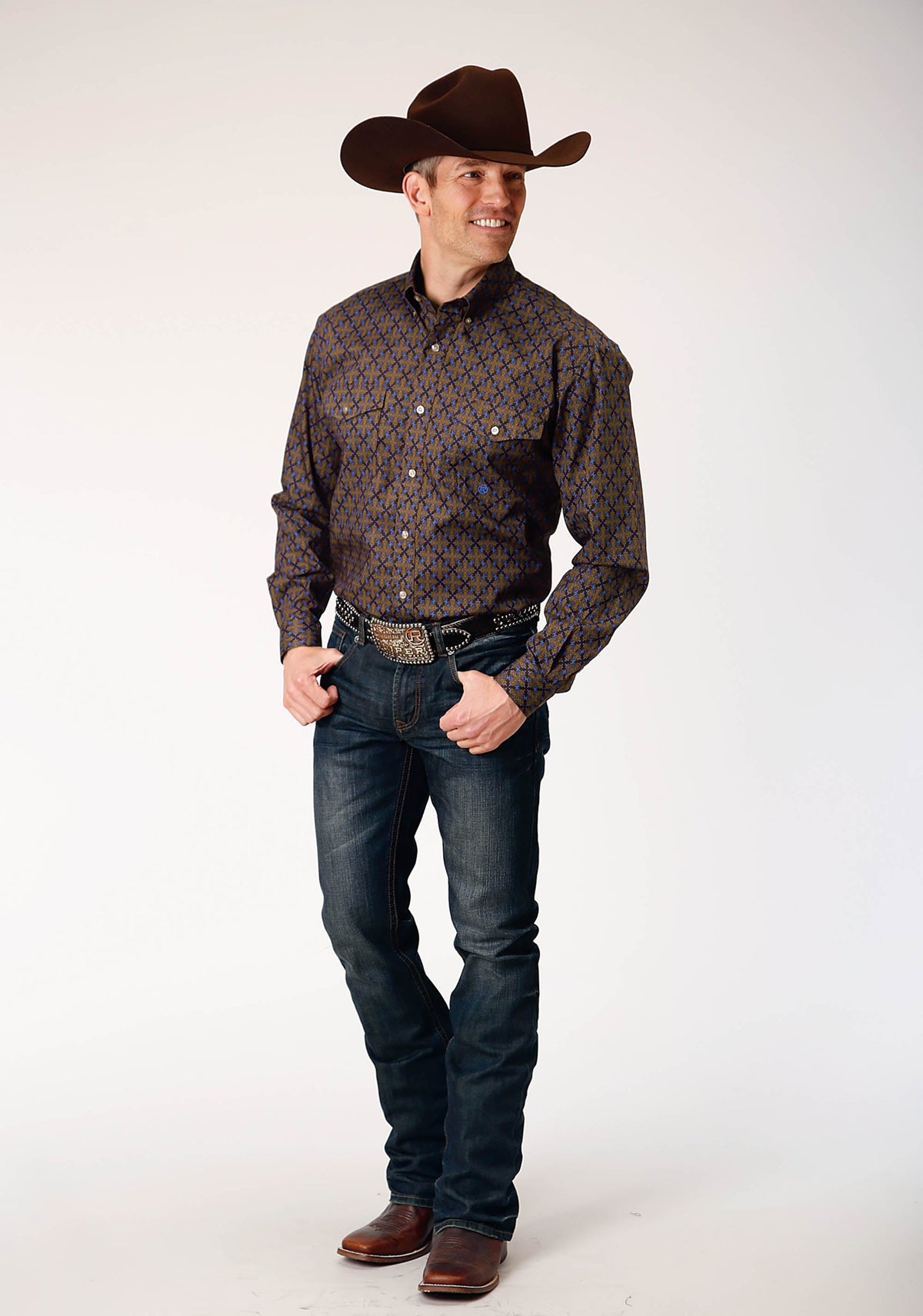 Mens Long Sleeve Button Diamond Medallion Western Shirt