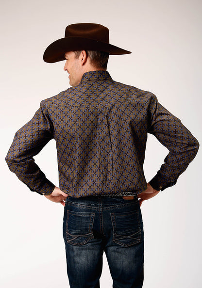 Mens Long Sleeve Button Diamond Medallion Western Shirt