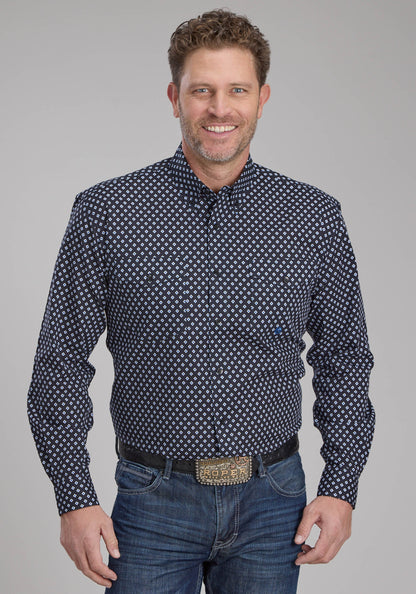 Mens Blue Diamonds Long Sleeve Button Western Shirt