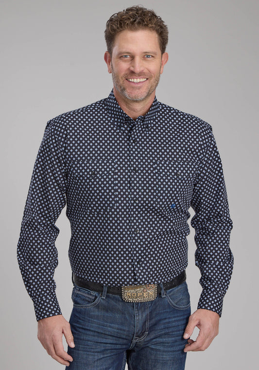 Mens Blue Diamonds Long Sleeve Button Western Shirt