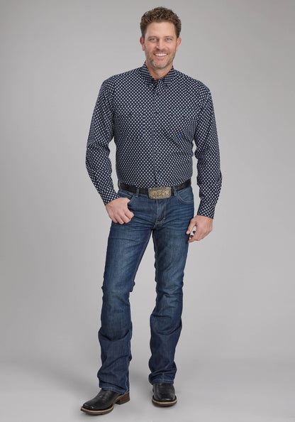Mens Blue Diamonds Long Sleeve Button Western Shirt