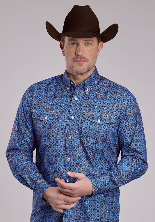 Mens Long Sleeve Button Vintage Blue Medallion Paisley Western Shirt