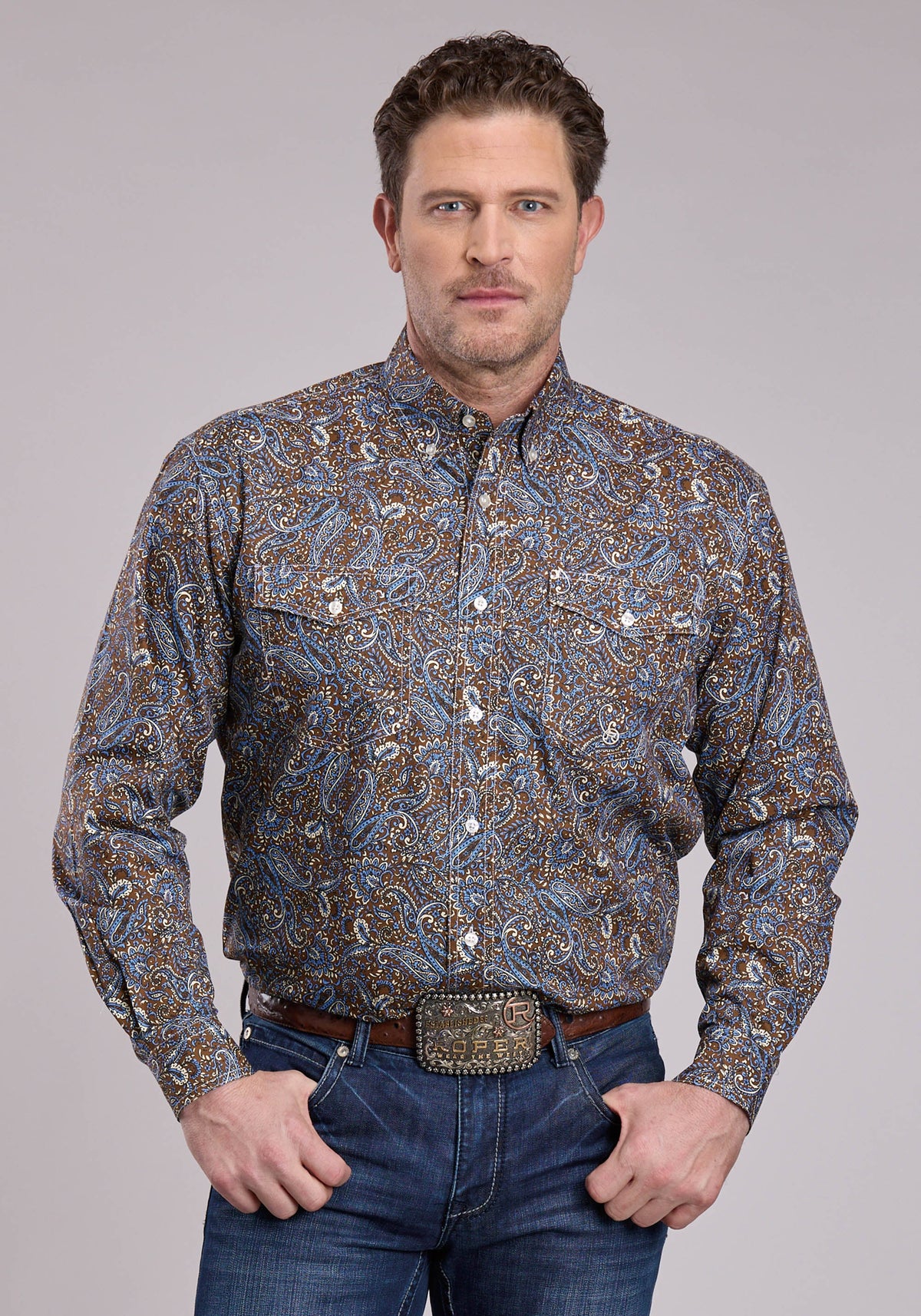 Mens Long Sleeve Button Bluebird Paisley Western Shirt