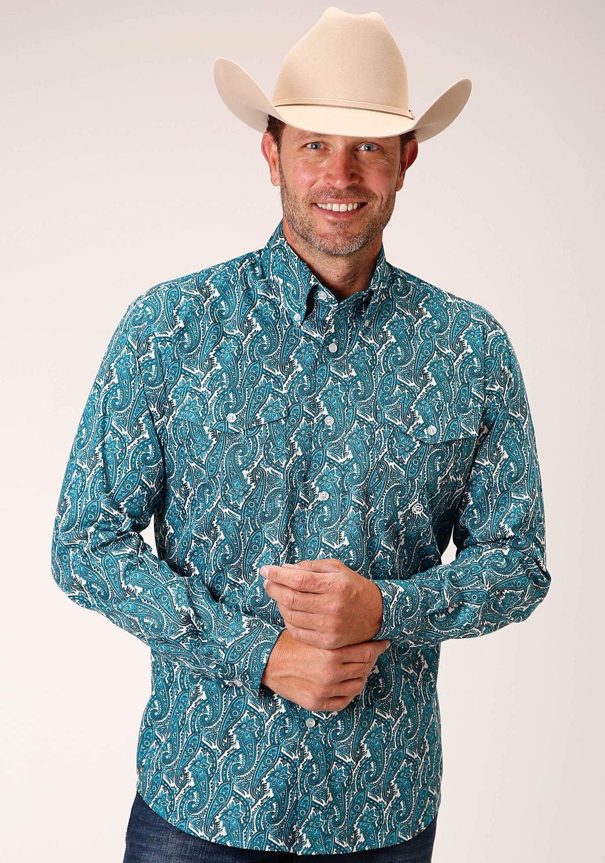 Mens Long Sleeve Button Upstream Paisley Western Shirt