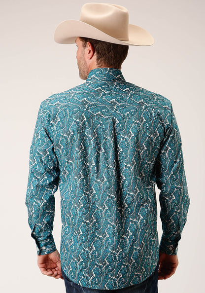 Mens Long Sleeve Button Upstream Paisley Western Shirt