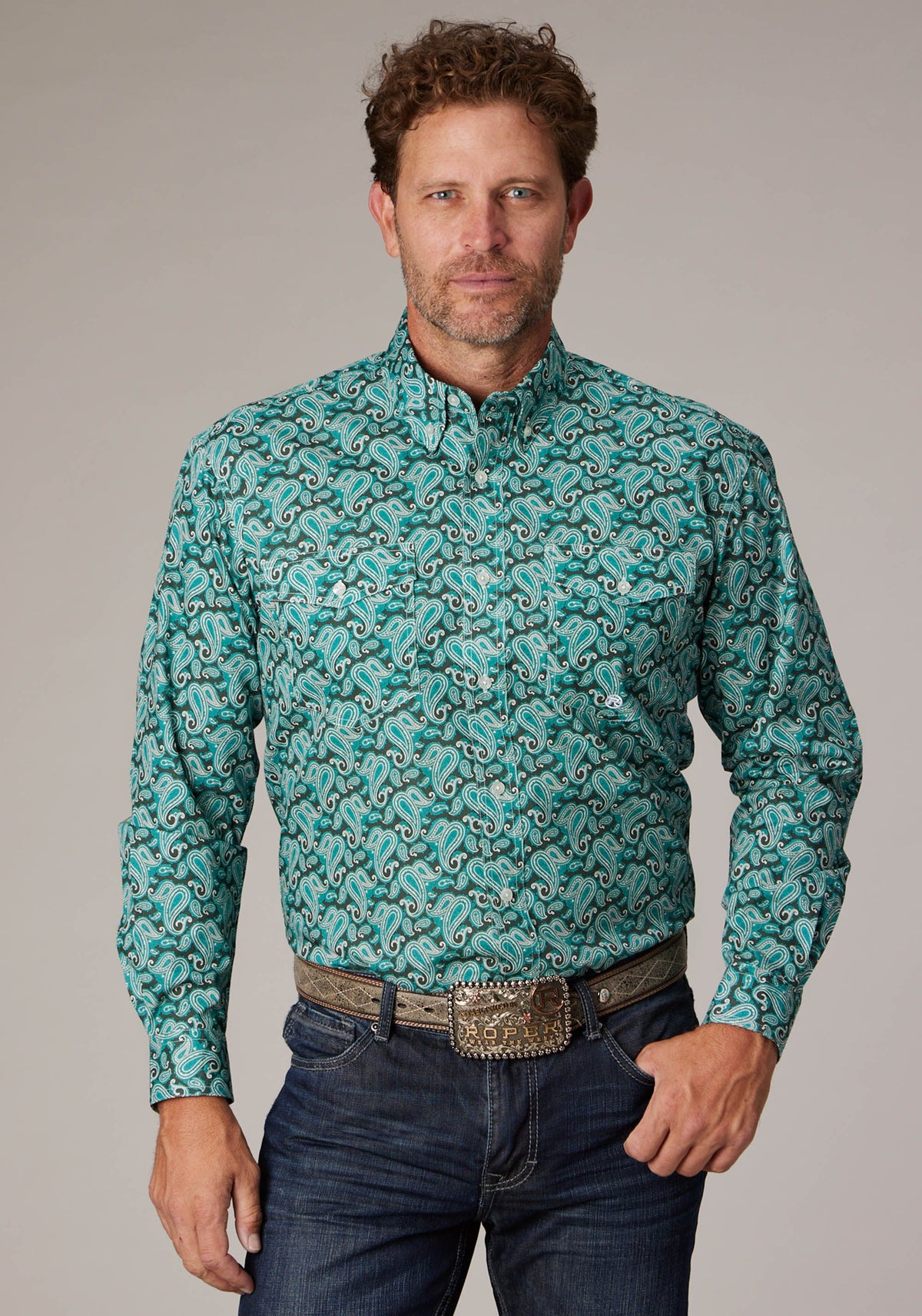 Mens Long Sleeve Button Jade Paisley Western Shirt