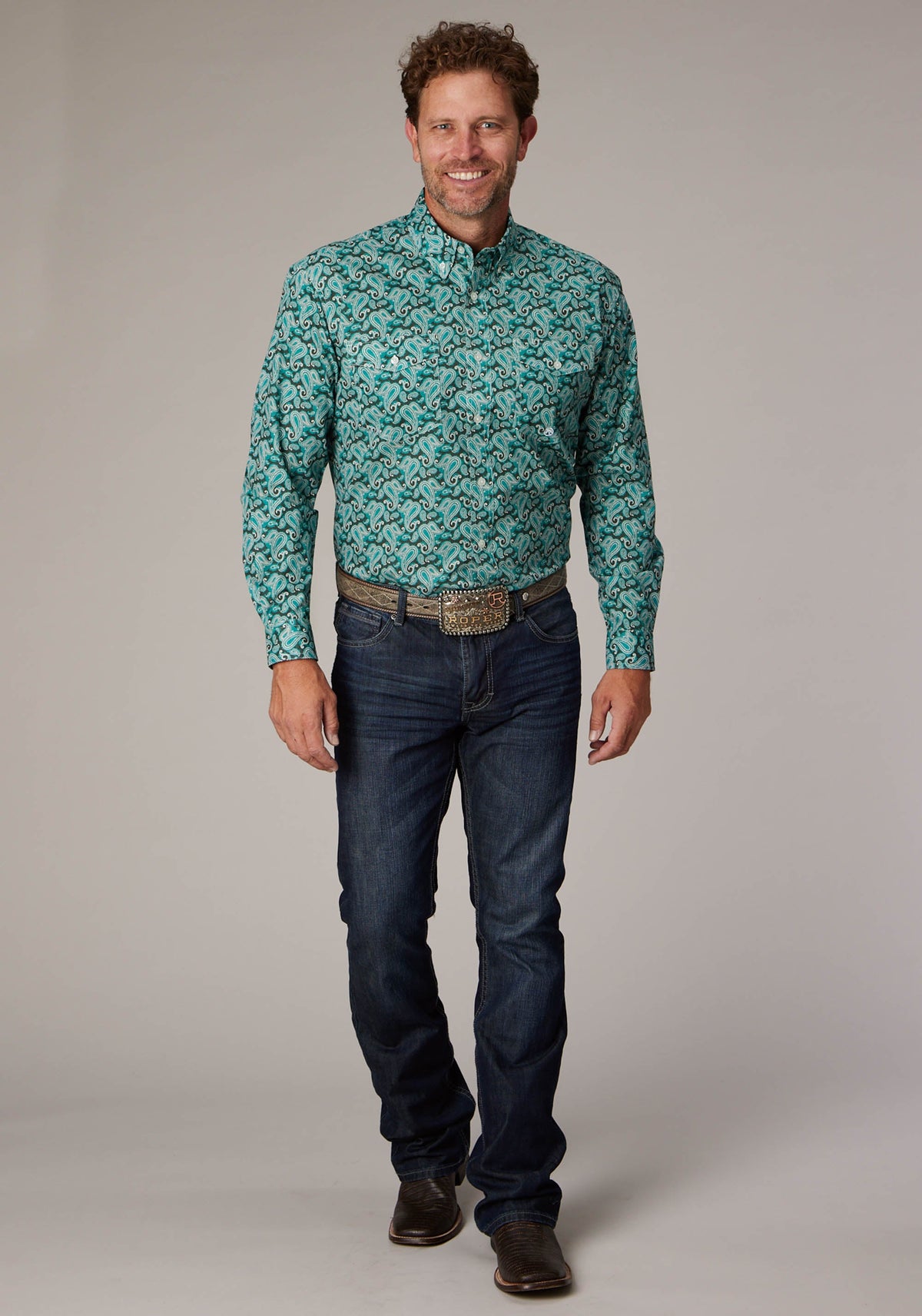 Mens Long Sleeve Button Jade Paisley Western Shirt
